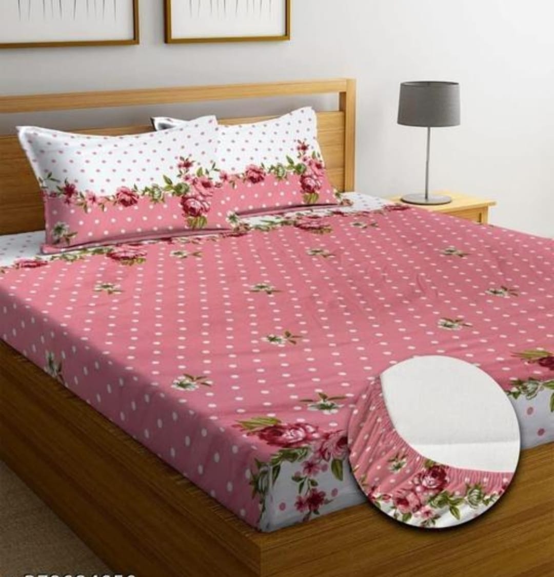 Super Soft Glace Cotton All Round Elastic Fitted Double Bed Bedsheet with 2 Pillow Covers-72x78x8