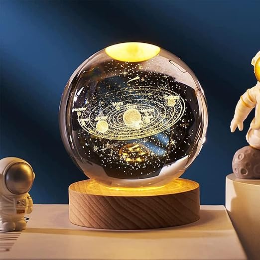 3D Solar Planet Crystal Ball Night Lamp – USB Colorful LED Table Decor with Wooden Base for Home, Office, Bedroom (Solar Planet Design)